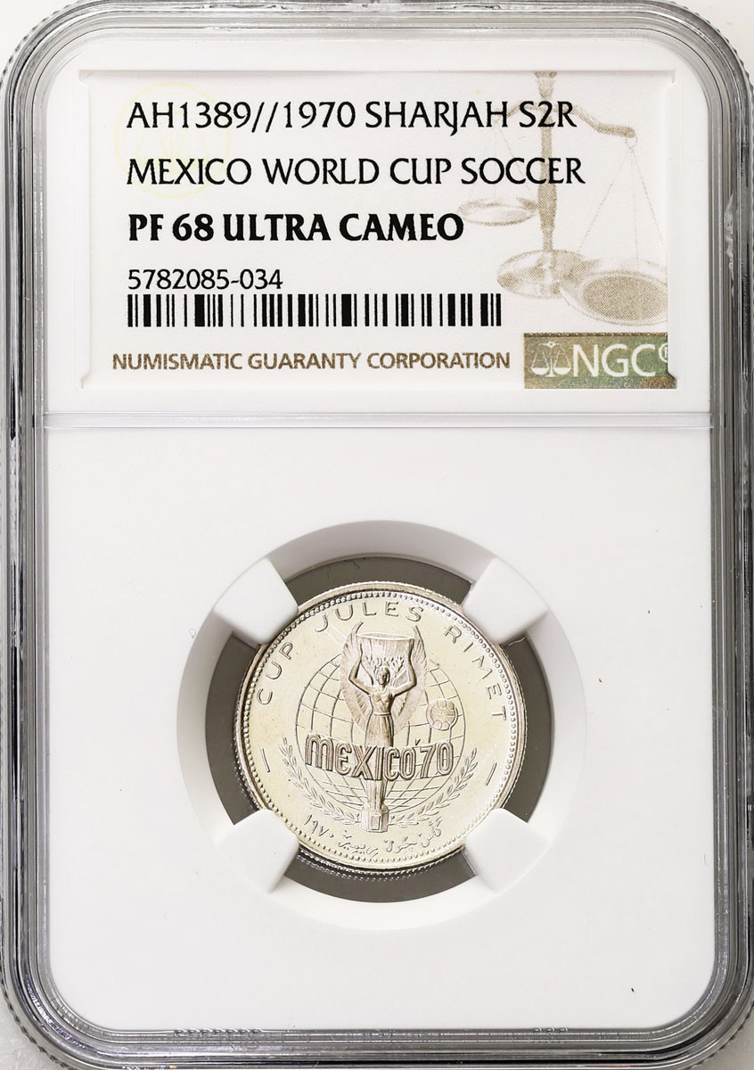 Sharjah, Khalid b. Muhammad, P2 Riyals, 1970 / 1389 h, Puchar Świata Meksyk NGC PF68 ULTRA CAMEO - RZADKIE